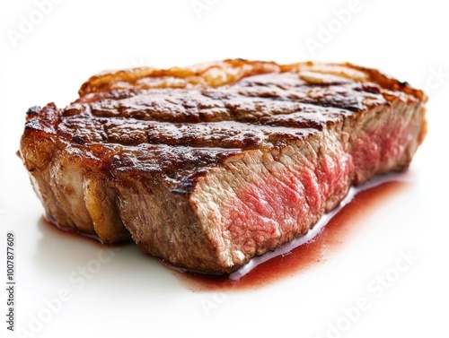 Perfectly cooked beef steak with a crisp, caramelized exterior and juicy meat inside, ready to serve Isolated on white background photo