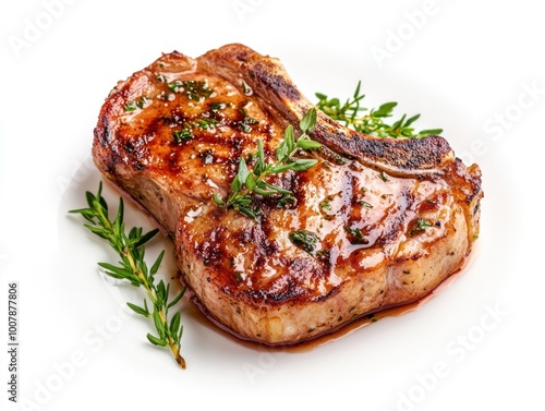 Juicy pork chop steak with a golden seared exterior and tender, flavorful meat, garnished with herbs Isolated on white background