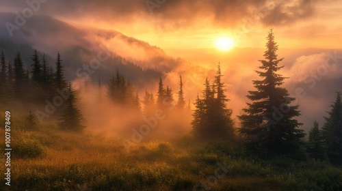 A serene sunrise over misty mountains, highlighting lush greenery and towering trees.