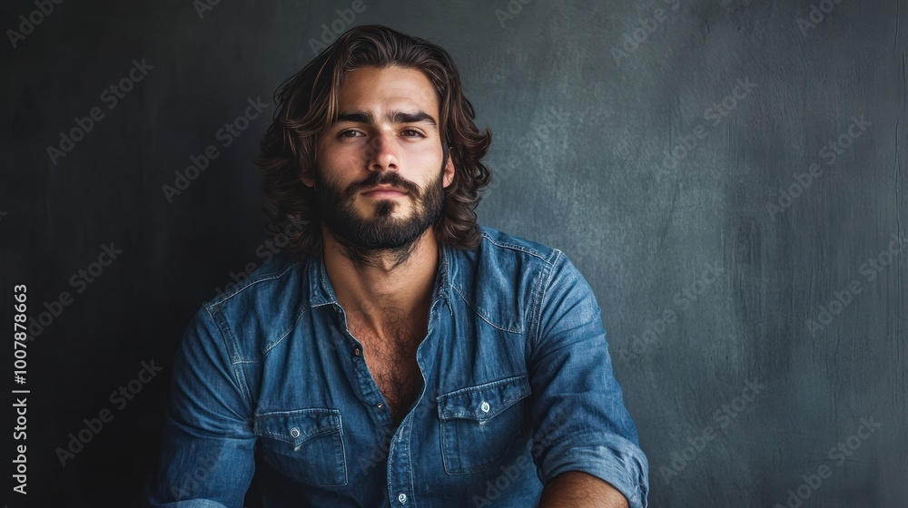 A man with long hair and a beard poses against a dark background, exuding a relaxed vibe. A man with long hair and a beard poses against a dark background, exuding a relaxed vibe.
