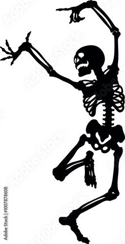 Dancing Skeleton black silhouette, detailed vector eps 10 file, one layer, line drawing illustration, Halloween graphic, bones, skull