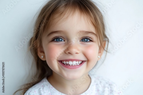 Cute little girl smiling and showing her bright white teeth while gazing at the camera with sparkling eyes Isolated on white background