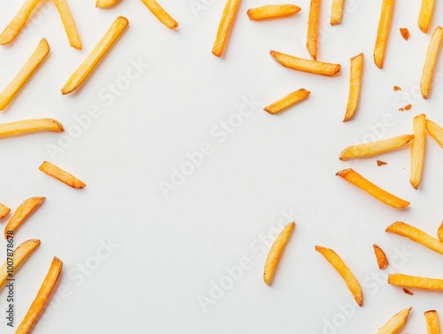 Crispy French fries scattered on a white surface, showcasing their perfect golden color and texture Isolated on white background photo