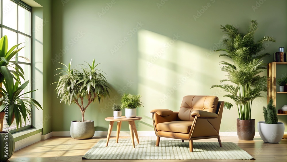 Bright Modern Living Room with Cozy Armchair and Indoor Plants for a Relaxing and Natural Home Environment Bright Modern Living Room with Cozy Armchair and Indoor Plants for a Relaxing and Natural Home Environment
