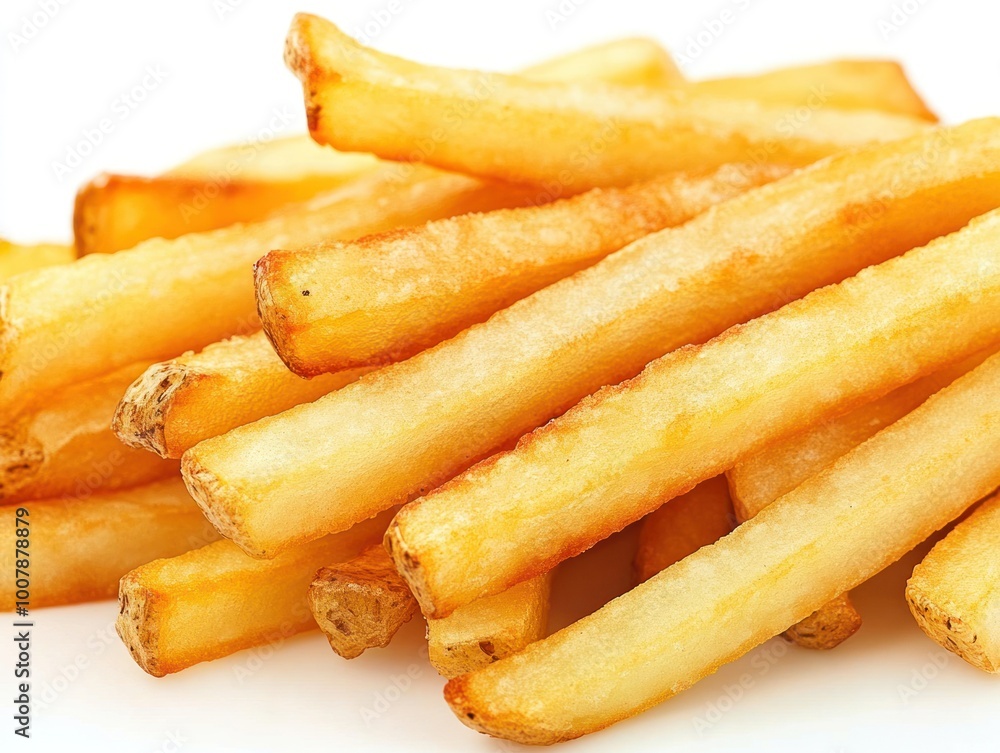 Close-up of perfectly cooked French fries with a crunchy outside and soft inside Isolated on white background Close-up of perfectly cooked French fries with a crunchy outside and soft inside Isolated on white background