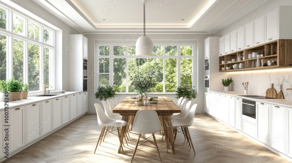 Modern kitchen with a wooden dining table and large windows overlooking greenery. Modern kitchen with a wooden dining table and large windows overlooking greenery.
