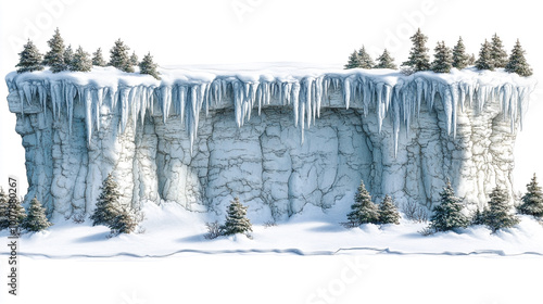 A stunning winter landscape featuring an ice-covered cliff adorned with evergreen trees, capturing the beauty of nature in cold seasons.