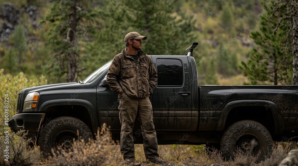 A man stands next to his truck in a forested area during a cloudy day while enjoying the great outdoors in autumn A man stands next to his truck in a forested area during a cloudy day while enjoying the great outdoors in autumn