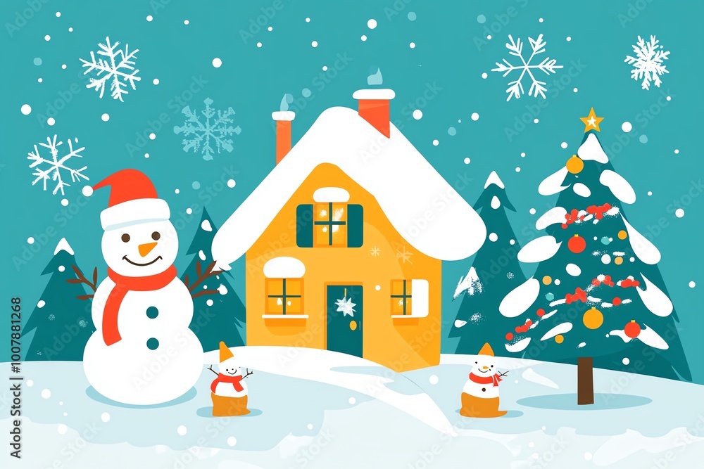 A cheerful winter scene with a snowman, a colorful house, and a decorated Christmas tree against a snowy backdrop. A cheerful winter scene with a snowman, a colorful house, and a decorated Christmas tree against a snowy backdrop.