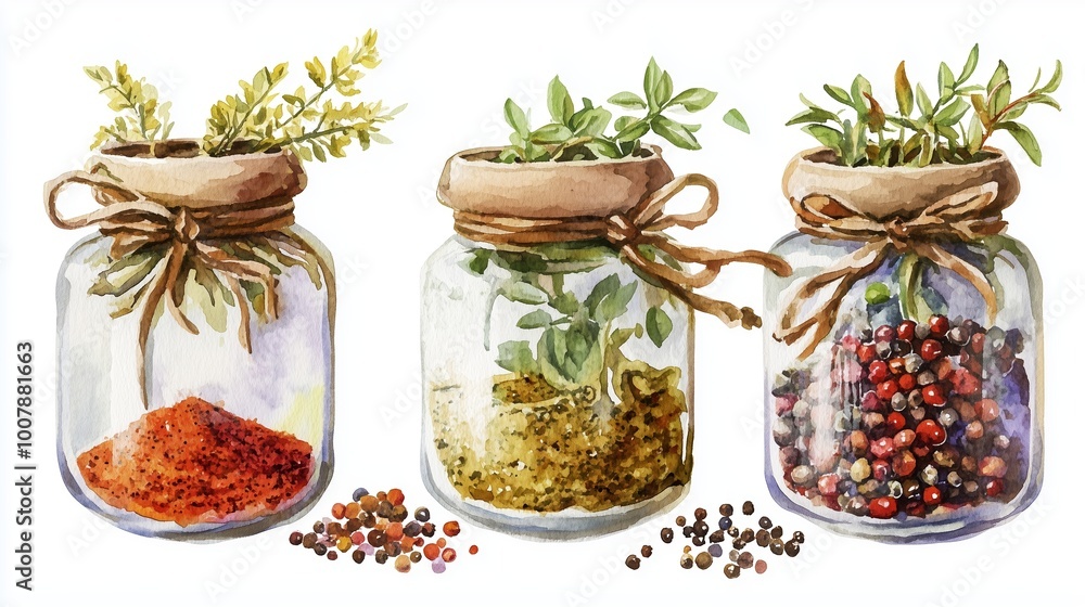 Glass jars filled with vibrant spices and fresh herbs on a white background, showcasing diverse culinary ingredients for cooking Glass jars filled with vibrant spices and fresh herbs on a white background, showcasing diverse culinary ingredients for cooking