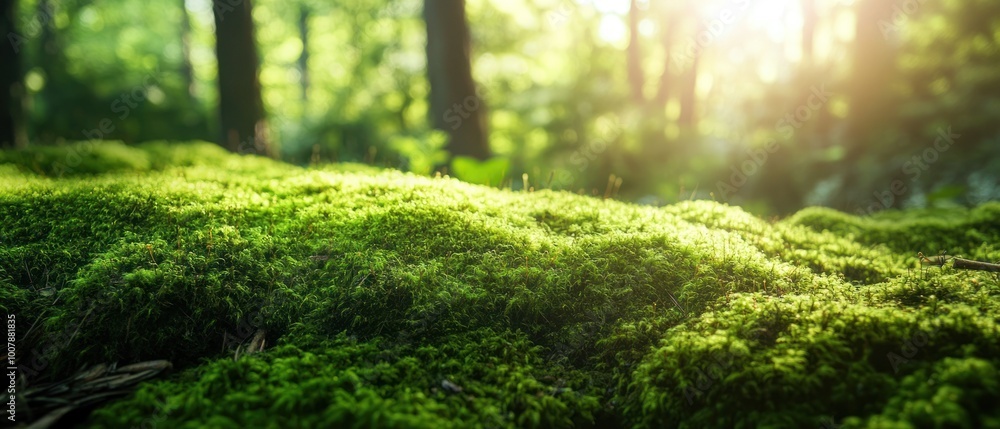 Fototapeta premium Lush green moss covering the forest floor, illuminated by soft sunlight.