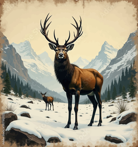 Stag and Mountains in Snowy Landscape 
