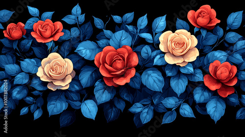 A vibrant floral arrangement featuring red and cream roses against a dark background, perfect for decorative design.