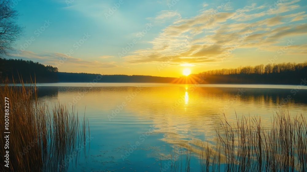 A serene sunset over a calm lake, reflecting vibrant colors and surrounding nature. A serene sunset over a calm lake, reflecting vibrant colors and surrounding nature.