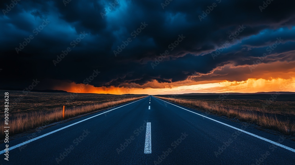 Dramatic sky over an empty road during sunset, captivating colors and moody clouds. Dramatic sky over an empty road during sunset, captivating colors and moody clouds.