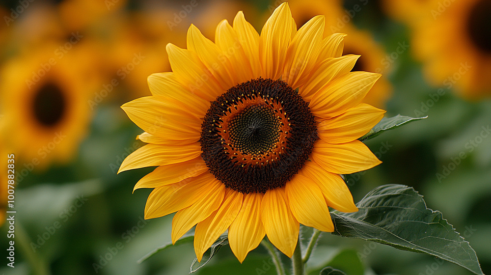 Obraz premium A vibrant sunflower displaying its bright yellow petals and dark center, surrounded by lush green leaves, symbolizing beauty and positivity.