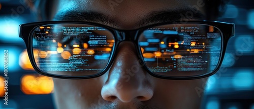 A man is looking at a computer screen through a pair of glasses
