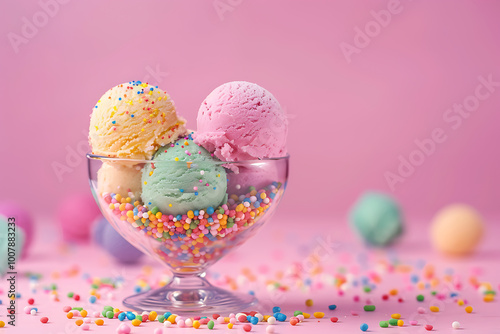 Creative food concept. Scoop balls of pastel gelato sorbet ice cream in glass dessert bowl with colorful sprinkles scattered on background. Colorful sprinkle topped artisanal colorful spa bath bombs
