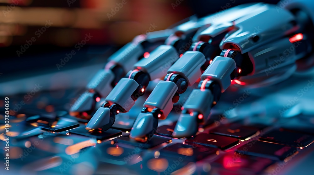 Fototapeta premium Robotic hand typing on a computer keyboard. The robotic hand is made of metal and plastic, with red lights illuminating its joints.