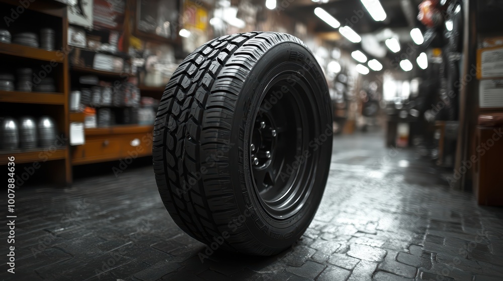 Brand new tire displayed in auto repair shop.. Brand new tire displayed in auto repair shop..