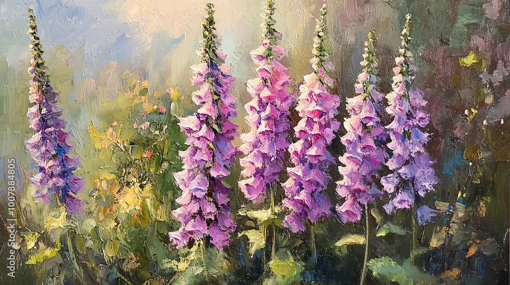 Obraz premium Vibrant pink foxglove flowers in an enchanting garden setting, illuminated by soft sunlight and complemented by lush greenery.