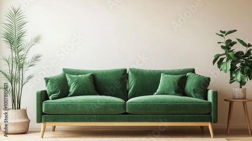 A modern green sofa with cushions, surrounded by indoor plants in a minimalist setting.