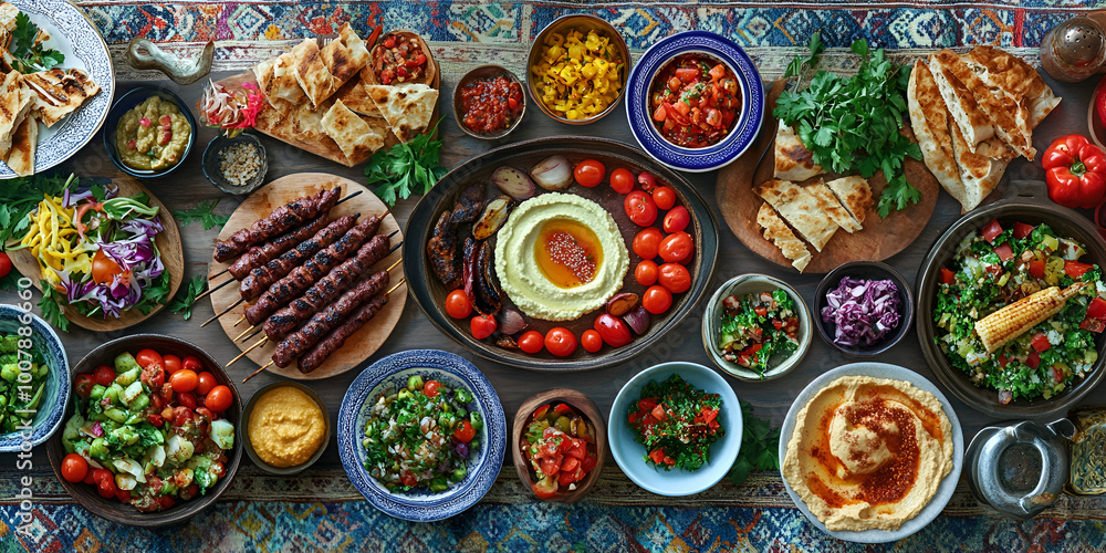 Top view of Elegant Arabic Food Feast with  Colorful Garnishes Ornate Platters
