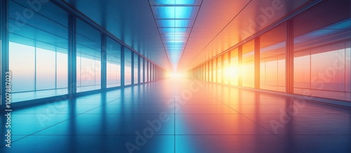 Empty hallway with large windows overlooking a sunset and sunrise.