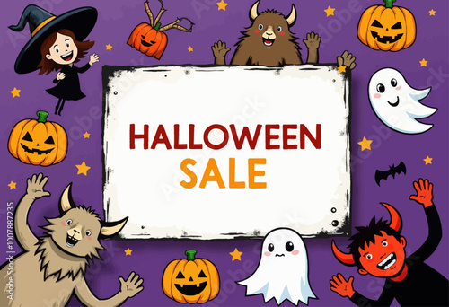 Halloween Sale Sign with Cartoon Characters 
