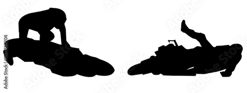 Set of silhouettes of crashing motorbike racers, extreme. Different poses, gestures. Vector illustration.