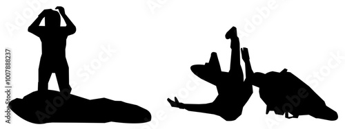 Set of silhouettes of crashing motorbike racers, extreme. Different poses, gestures. Vector illustration.
