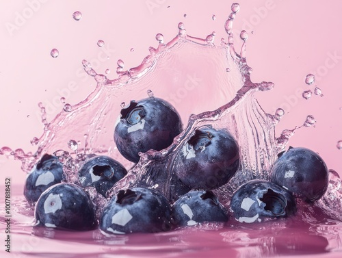 Blueberries splashing in water against a pink background, highlighting freshness and vitality. photo