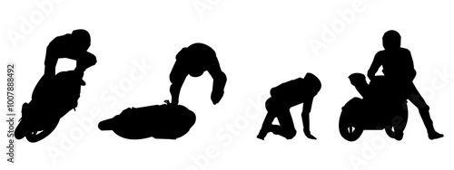 Set of silhouettes of crashing motorbike racers, extreme. Different poses, gestures. Vector illustration.