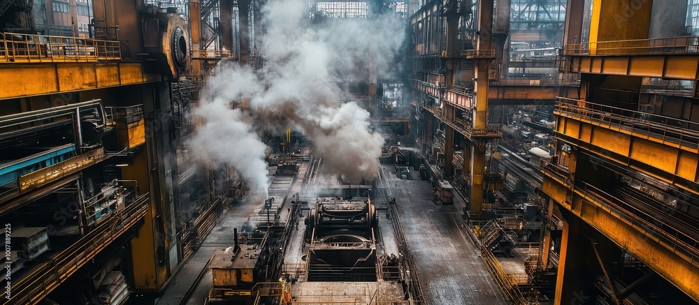 Industrial Factory Interior with Heavy Machinery and Steam in a Large Warehouse Setting Industrial Factory Interior with Heavy Machinery and Steam in a Large Warehouse Setting