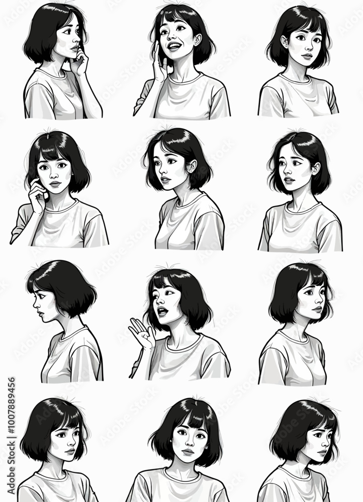 Expression Exploration: Girl with Short Hair in Various Emotions Expression Exploration: Girl with Short Hair in Various Emotions