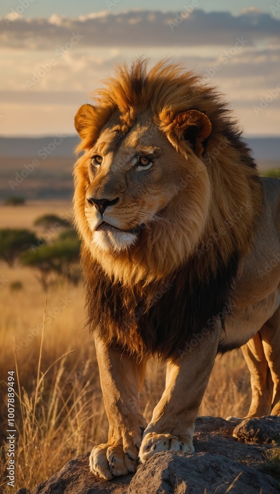 Majestic lion standing on rocky outcrop with hazy skyline in background Majestic lion standing on rocky outcrop with hazy skyline in background