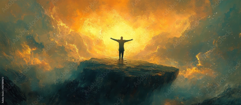 ** Majestic Figure on Cliff Embracing Radiant Sky at Sunset with Dramatic Clouds and Vibrant Colors in a Stunning Landscape Scene..** ** Majestic Figure on Cliff Embracing Radiant Sky at Sunset with Dramatic Clouds and Vibrant Colors in a Stunning Landscape Scene..**