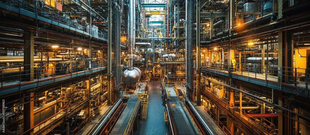Industrial Factory Interior with Complex Machinery and Bright Lighting in a Modern Manufacturing Facility Industrial Factory Interior with Complex Machinery and Bright Lighting in a Modern Manufacturing Facility