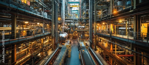 Industrial Factory Interior with Complex Machinery and Bright Lighting in a Modern Manufacturing Facility