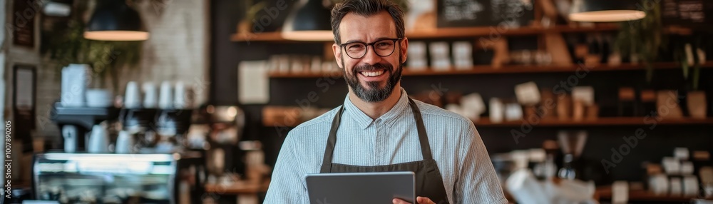 Smiling Barista Holding Digital Tablet in Cozy Modern Coffee Shop with Rustic Decor and Warm Lighting Smiling Barista Holding Digital Tablet in Cozy Modern Coffee Shop with Rustic Decor and Warm Lighting