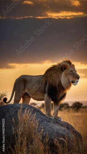 Wallpaper Mural Majestic lion atop rock during sunset, facing camera with warm light Torontodigital.ca