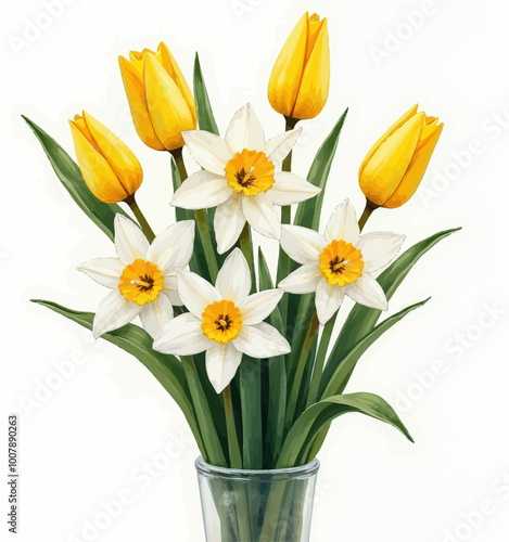 Daffodils and Tulips in Vase