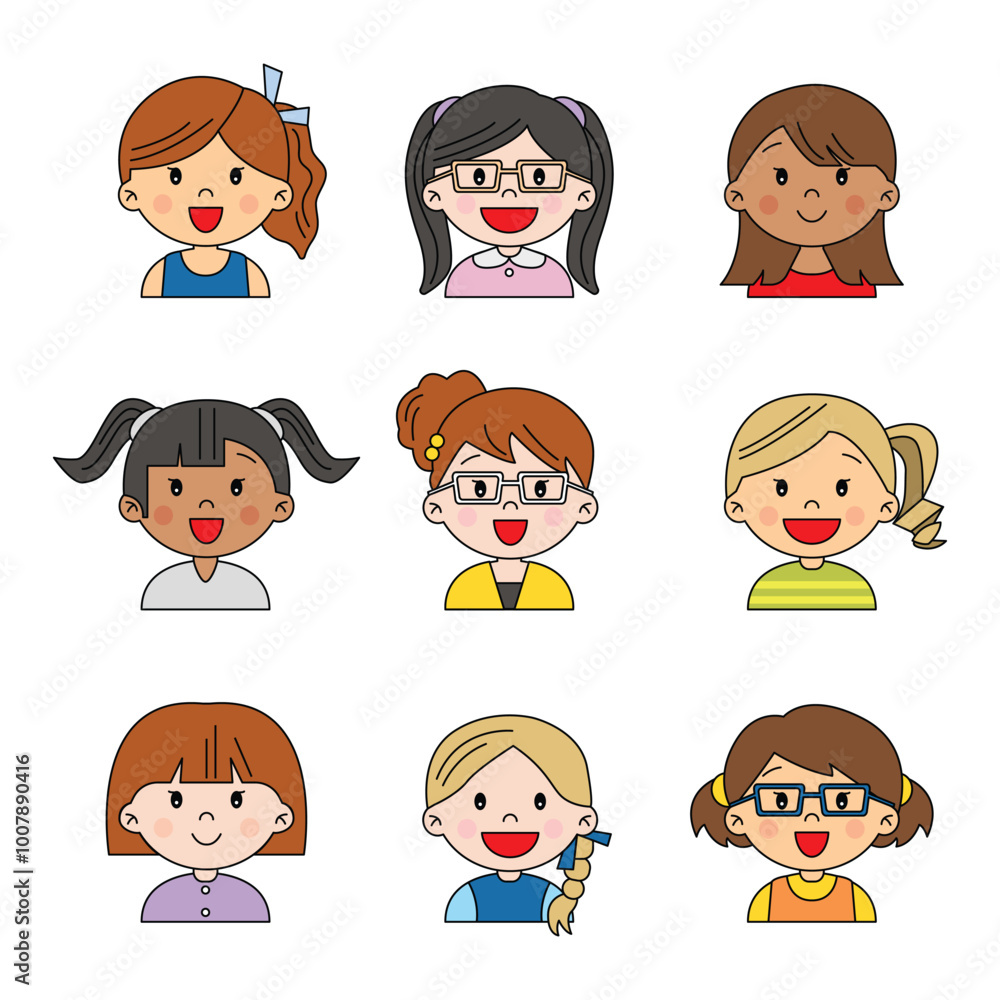 Group of female children upper body head shot happy and smiling in different races cute kawaii illustration japanese cartoon style drawing decorative isolated vector glasses Group of female children upper body head shot happy and smiling in different races cute kawaii illustration japanese cartoon style drawing decorative isolated vector glasses