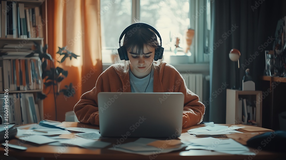 young student sitting at home, focused on an online class with a laptop in front of them, headphones on, and notes scattered around young student sitting at home, focused on an online class with a laptop in front of them, headphones on, and notes scattered around