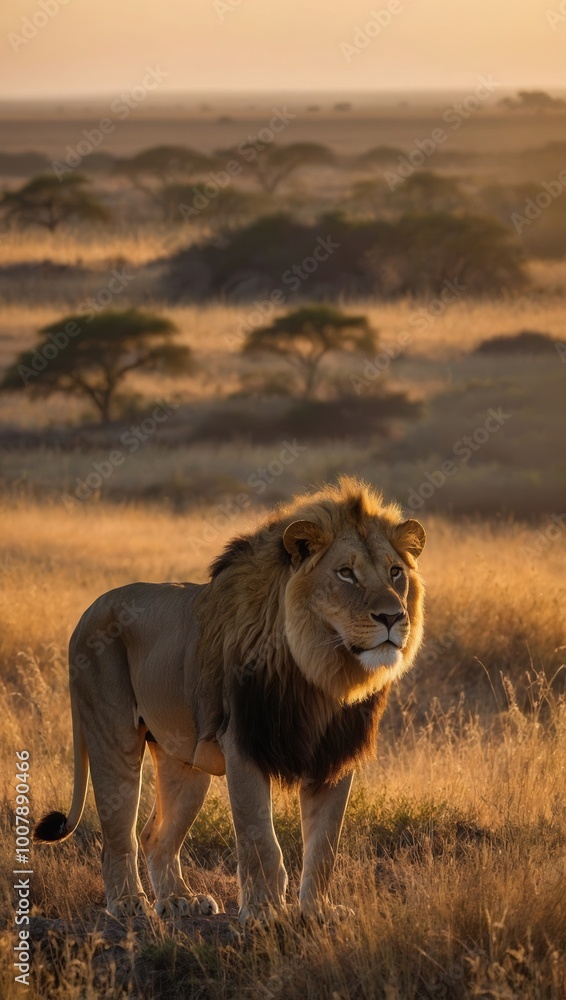 Lion standing in open grassland with distant trees and dramatic sky Lion standing in open grassland with distant trees and dramatic sky