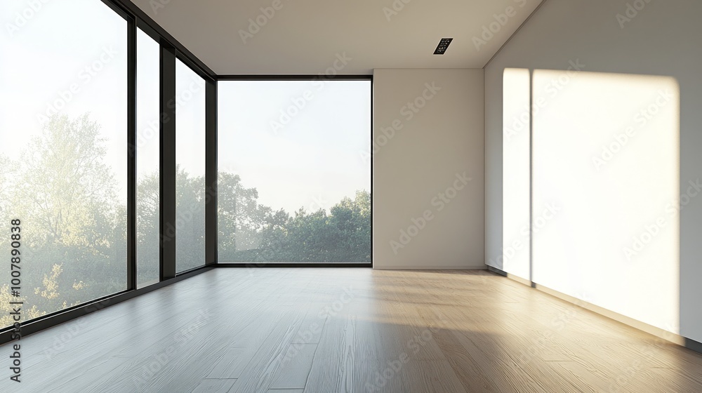 Obraz premium A spacious, minimalist room with large windows allowing natural light and a view of greenery.