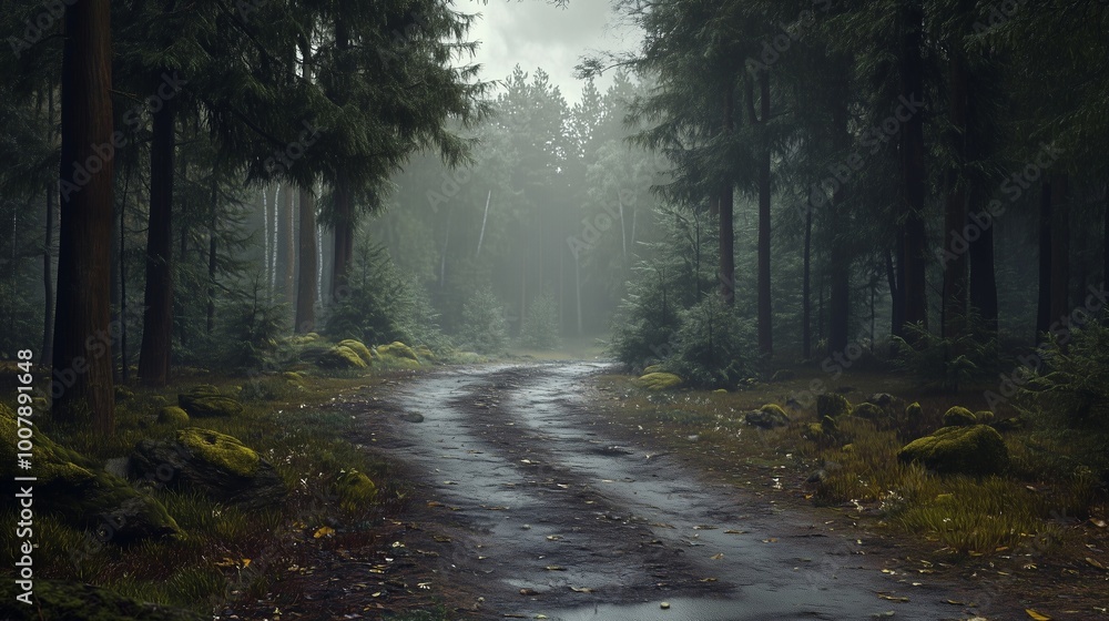 Obraz premium Green forest with small road and cloudy, nature landscape theme