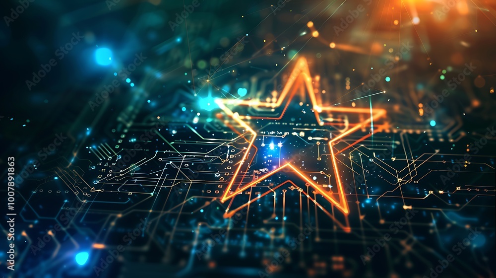 Glowing Digital star on a circuit board. It symbolizes innovation and technology. Glowing Digital star on a circuit board. It symbolizes innovation and technology.