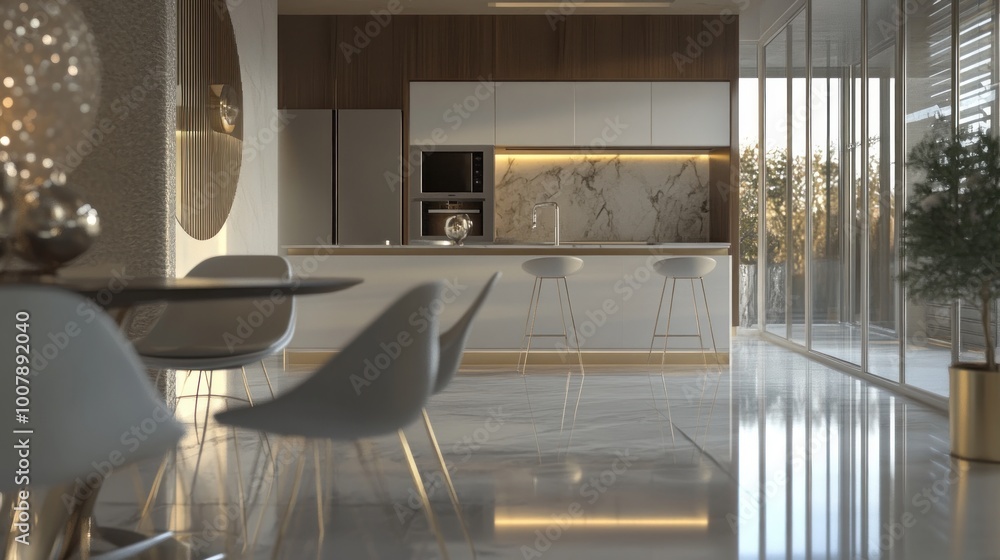 Fototapeta premium Modern kitchen interior featuring sleek design and natural light.