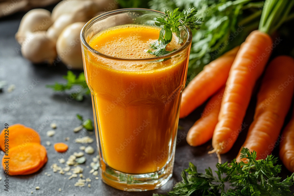 Fresh carrot juice in glass and vegetables on table Fresh carrot juice in glass and vegetables on table